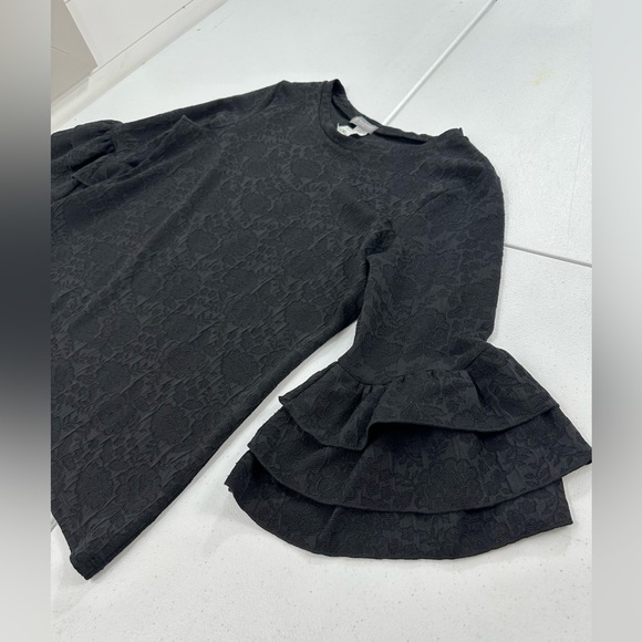 Jade Mackenzie Black Floral Textured Ruffle Bell Sleeve Blouse Modest Feminine L - Picture 6 of 7